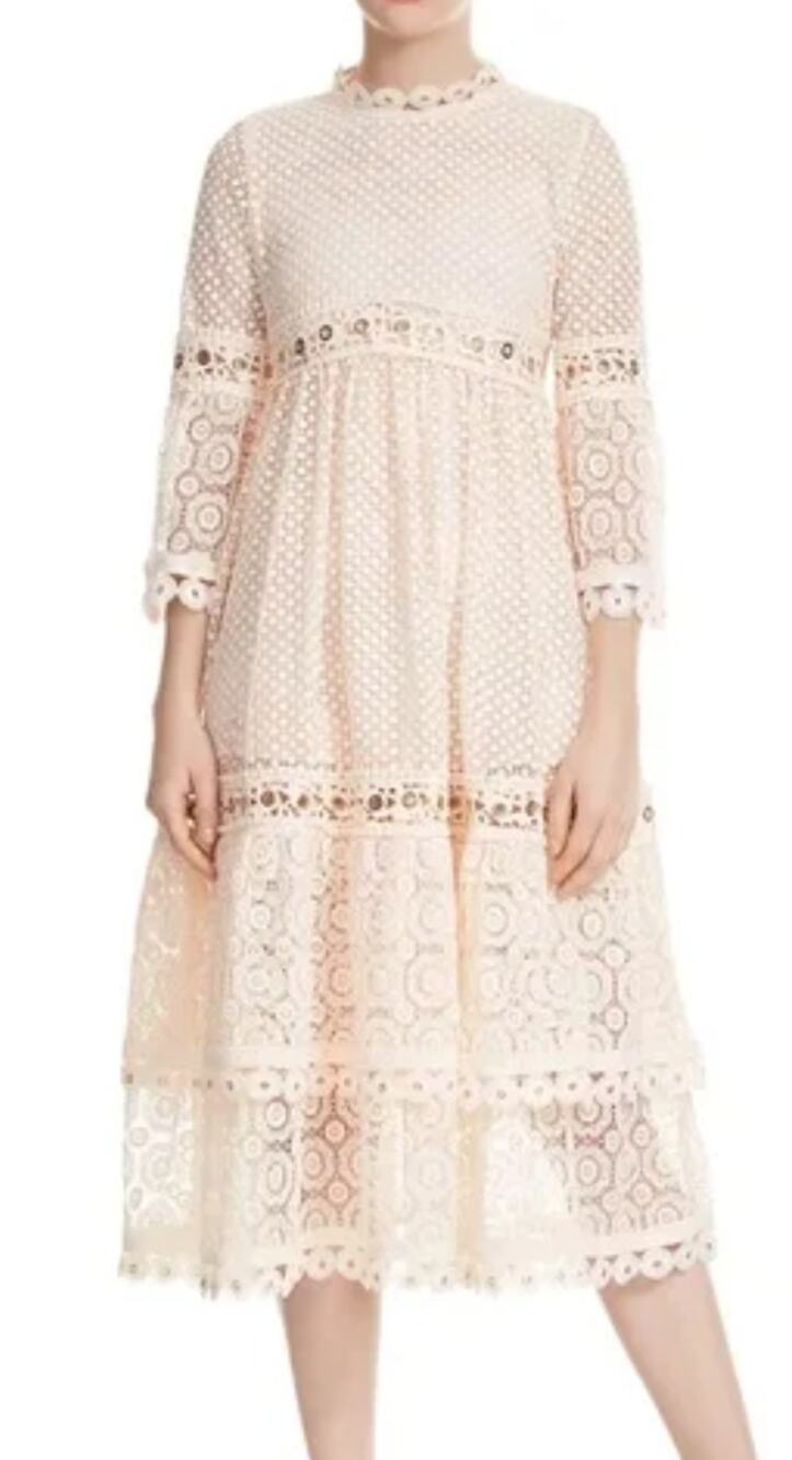 Maje Blush Pink Roso Gold Grommet Lace Tiered Half Sleeve Midi Dress size 1 / S